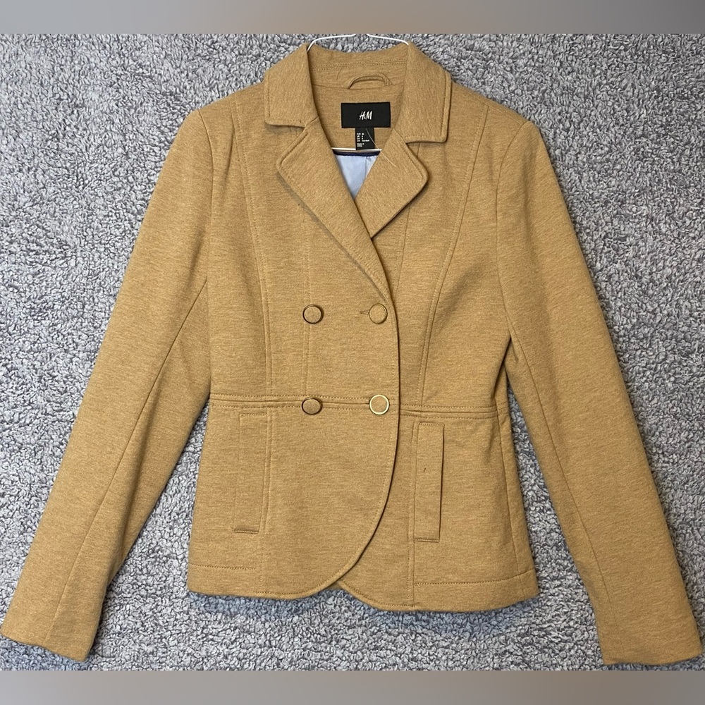 H&M Cozy Knit Blazer Women Sz 6 Camel Khaki Preppy School Girl Academia Tailored